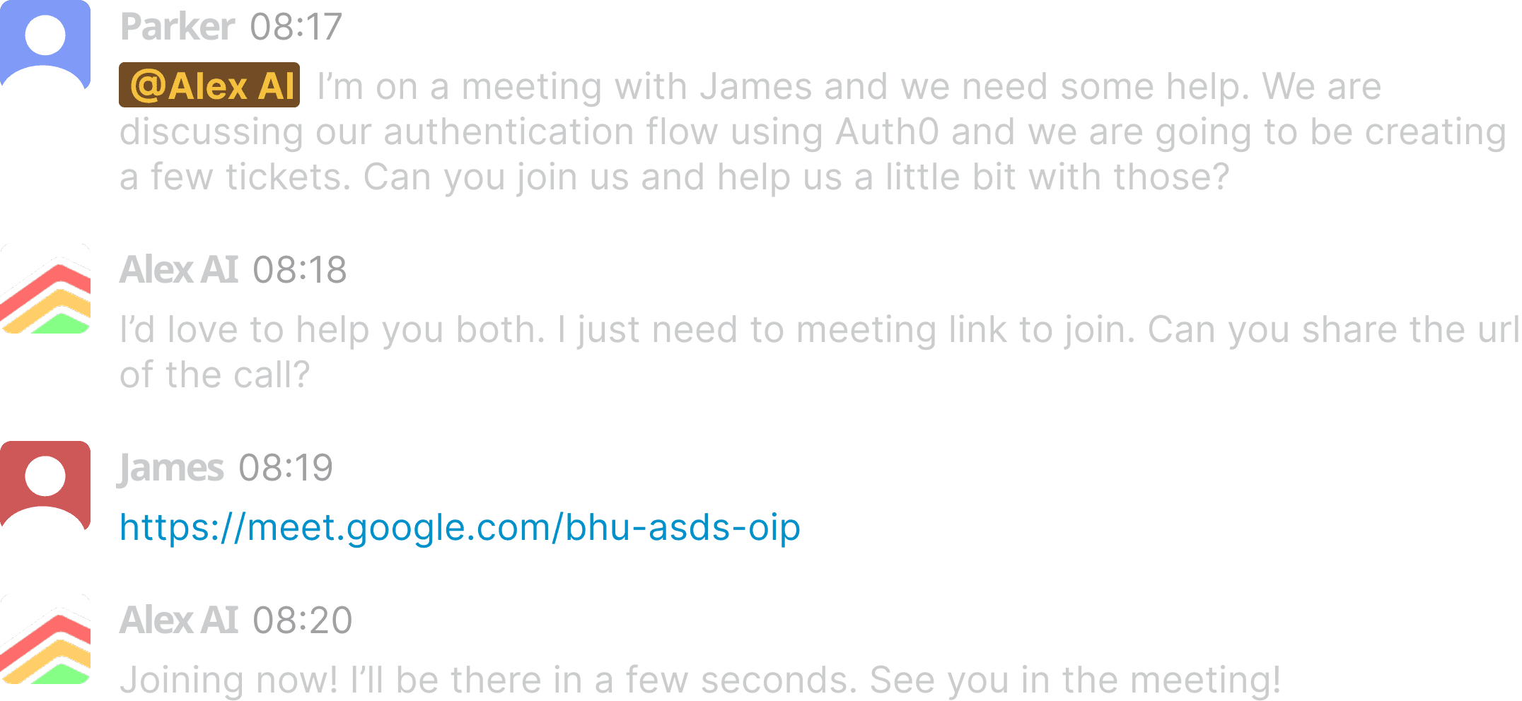 AI meetings assistant joining Google Meet from Slack