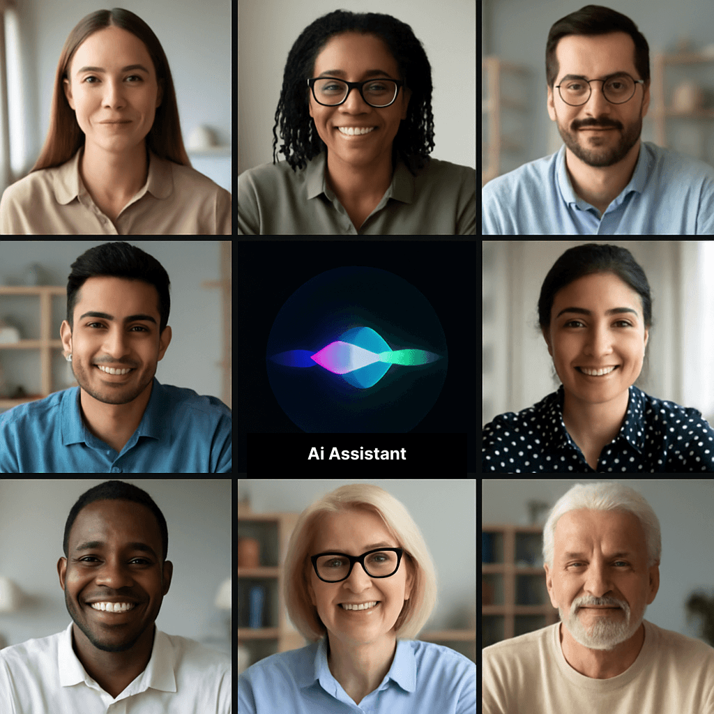AI voice assistant at center creating, updating, and assigning tasks to multiple team members.